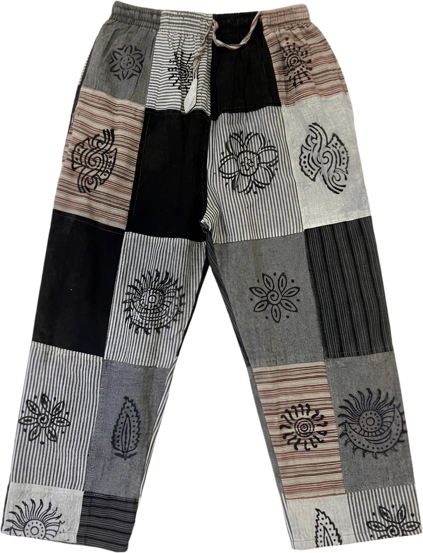 Ash & Bone — black, grey and cream patchwork trousers.