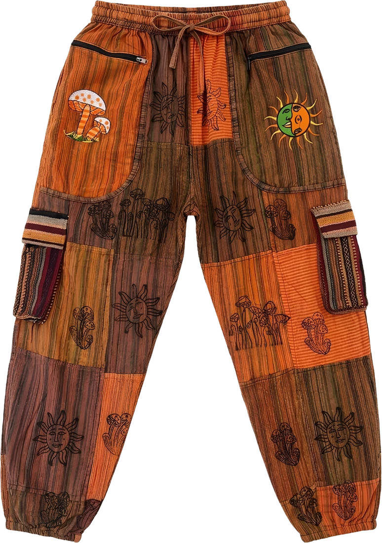 Ember Cord — rust and brown ribbed corduroy patchwork trousers.