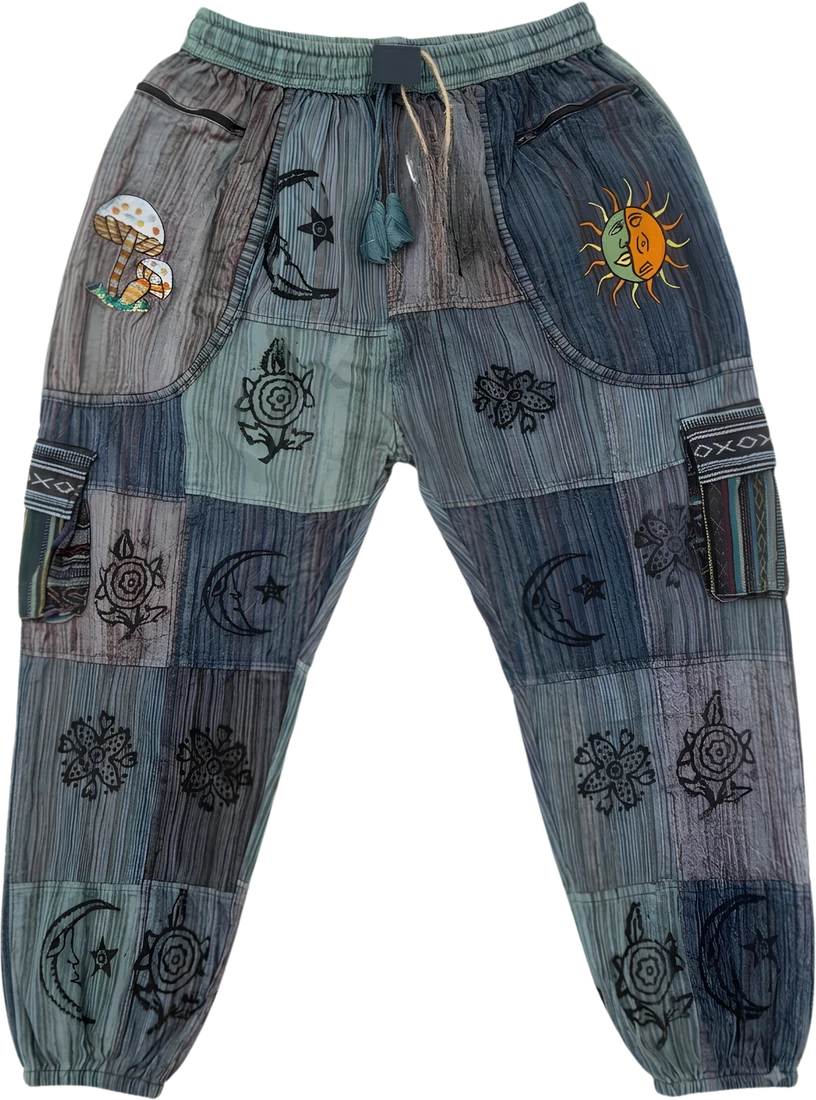 Himal Stone — slate grey and blue patchwork trousers.