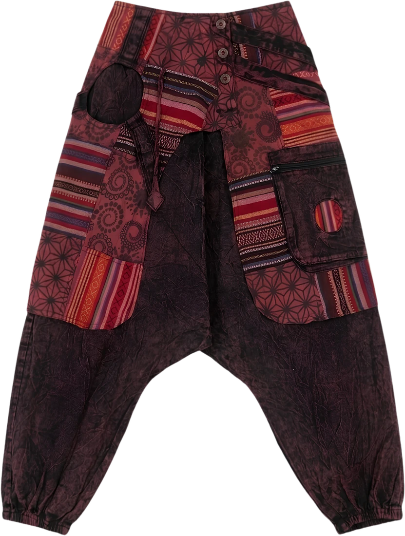 Madder Drop — deep red and aubergine drop-crotch harem trousers.