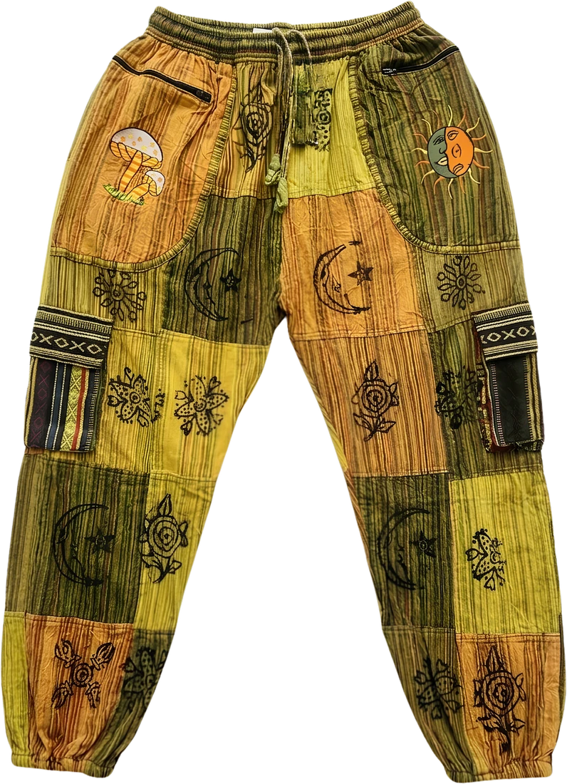 Marigold Vat — yellow and olive patchwork trousers.
