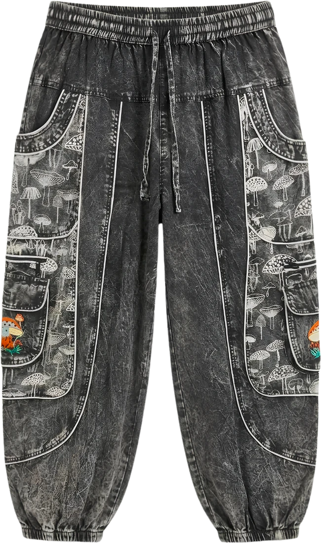 Charcoal Cap — charcoal acid-wash harem trousers printed with mushrooms.