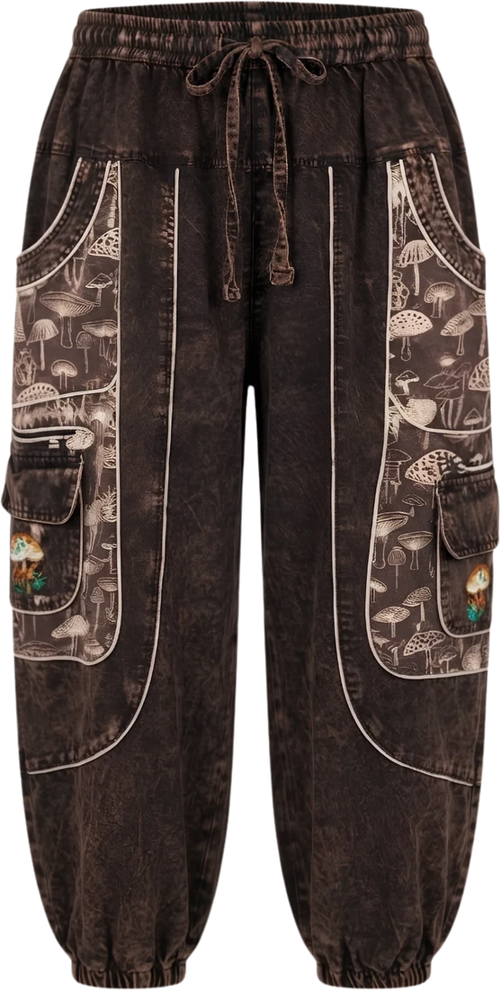 Cocoa Cap — dark brown harem trousers printed with mushrooms.