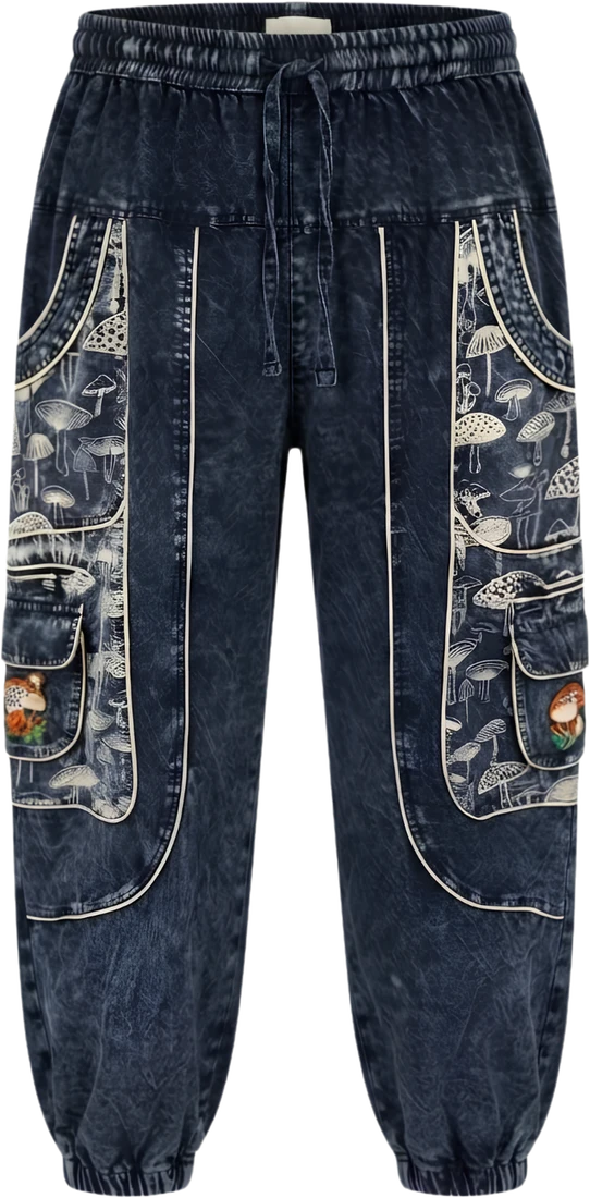 Midnight Cap — navy harem trousers printed with mushrooms.