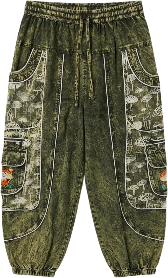 Olive Cap — olive green harem trousers printed with mushrooms.
