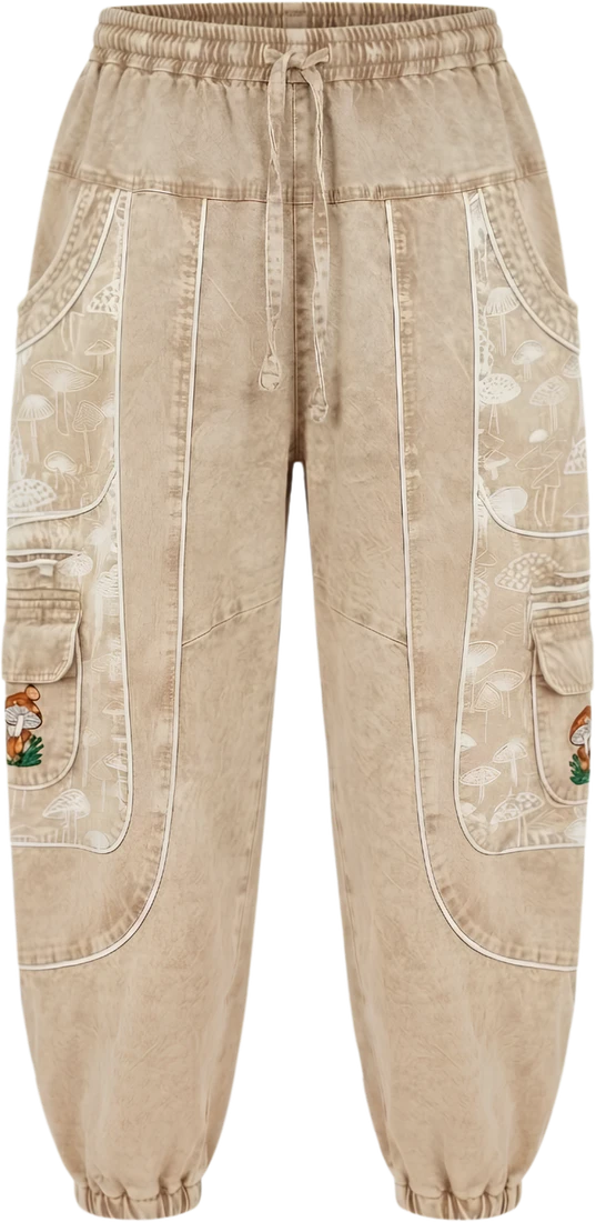 Sand Cap — sand beige harem trousers printed with mushrooms.