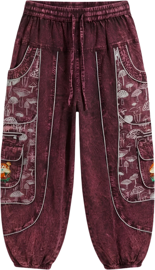 Wine Cap — burgundy harem trousers printed with mushrooms.