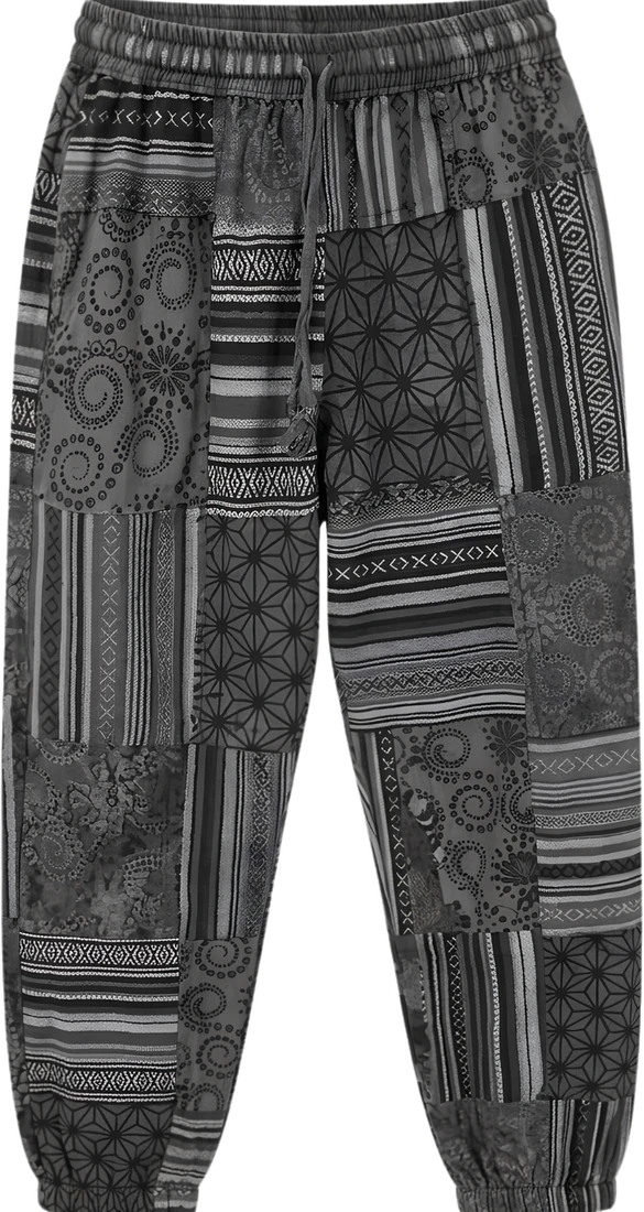 Ash Quilt — grey and black square-patchwork trousers.