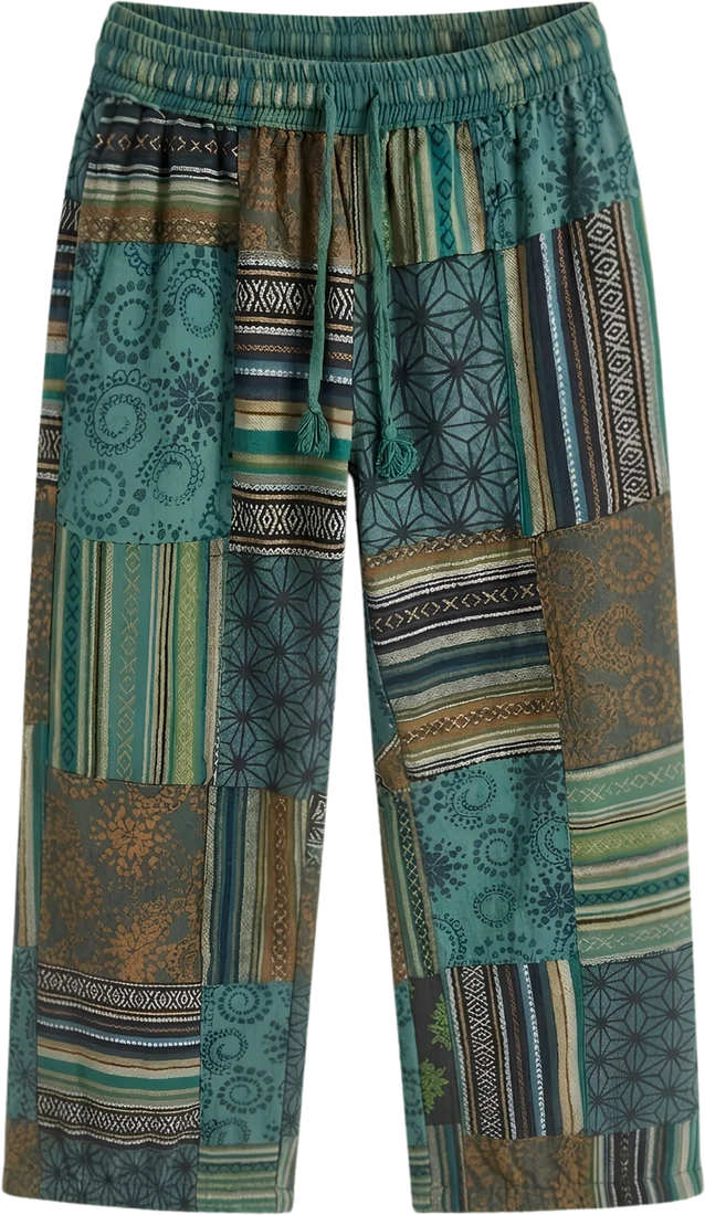 Moss Quilt — green and teal square-patchwork trousers.