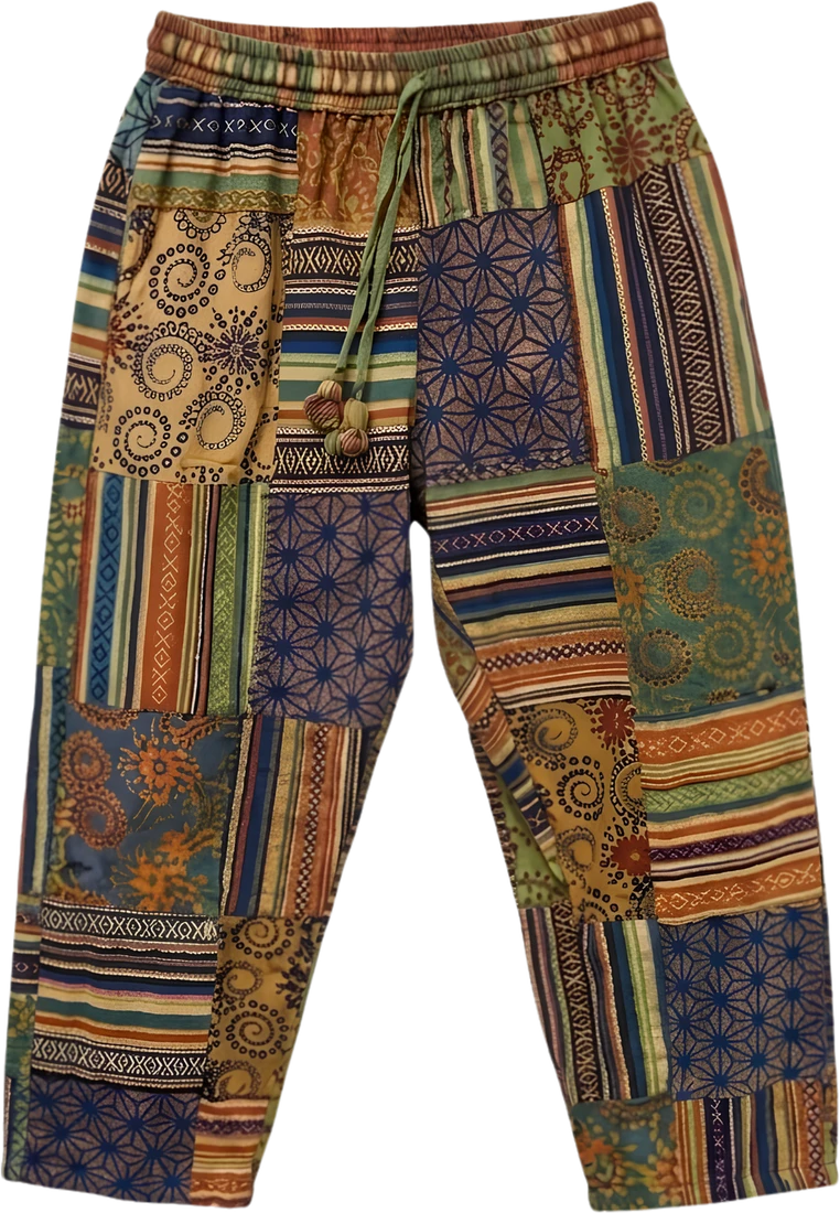 Ochre Quilt — ochre, blue and green square-patchwork trousers.