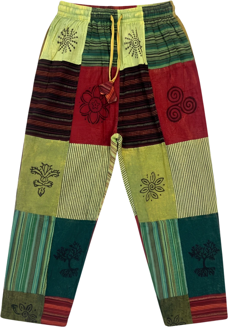 Prayer Flag — red, teal, lime and cream patchwork trousers.