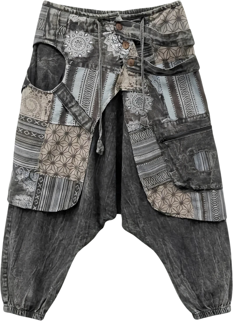 Charcoal Fold — charcoal wrap-panel drop-crotch trousers.