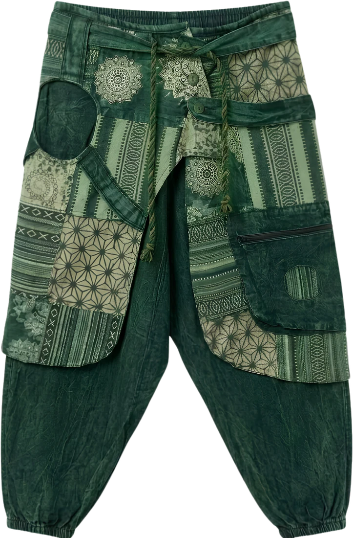 Pine Fold — deep green wrap-panel drop-crotch trousers.