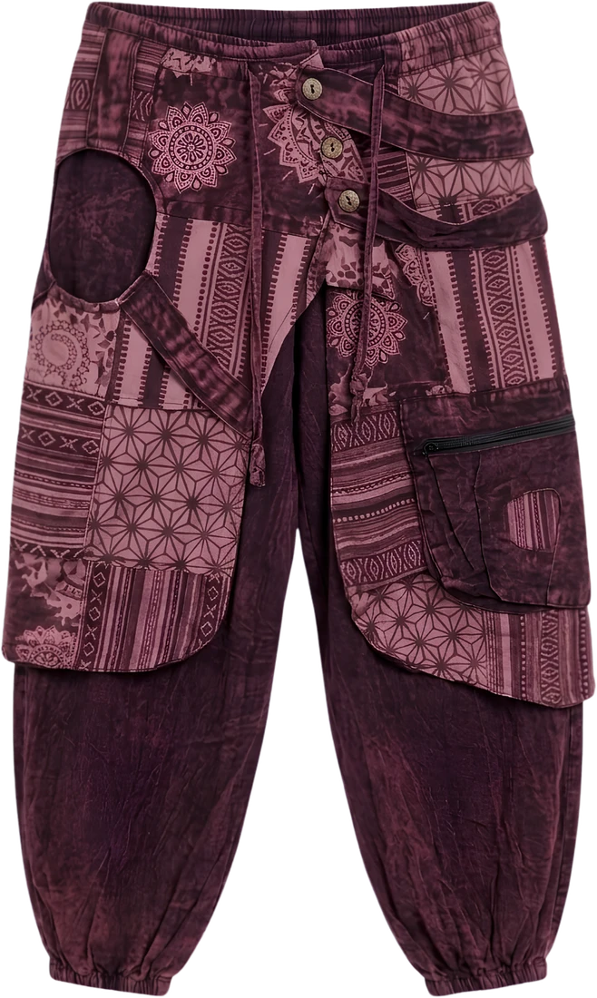 Plum Fold — aubergine wrap-panel drop-crotch trousers.